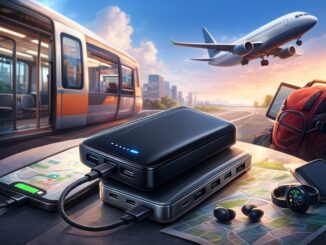 Nowoczesne powerbanki ładujące jednocześnie smartfony, tablet, smartwatch i słuchawki, ustawione na stole na tle miejskiego krajobrazu.