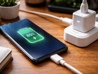 Smartfon podłączony do szybkiej ładowarki leżący na drewnianym biurku, z widocznym poziomem naładowania baterii i zasilaczem USB-C w tle