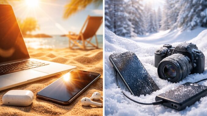 Autorska realistyczna grafika przedstawiająca elektronikę narażoną na skrajne temperatury – urządzenia mobilne w warunkach upału i mrozu na zewnątrz