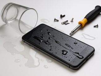 Zalana elektronika – smartfon po kontakcie z wodą, widoczne ślady wilgoci i uszkodzeń wewnętrznych