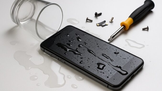 Zalana elektronika – smartfon po kontakcie z wodą, widoczne ślady wilgoci i uszkodzeń wewnętrznych