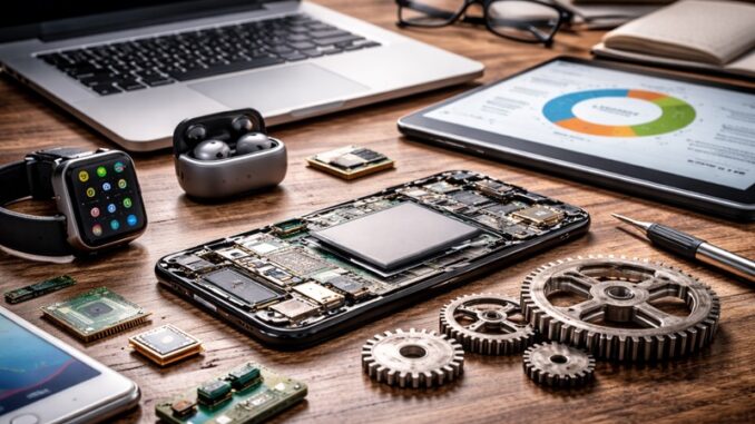 Nowoczesna elektronika użytkowa ułożona na minimalistycznym biurku, smartfon, laptop i inne urządzenia symbolizujące cykl życia produktów technologicznych