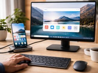 Nowoczesne stanowisko pracy z wykorzystaniem smartfona podłączonego do monitora, klawiatury i myszy, pokazujące telefon jako centrum mobilnego biura