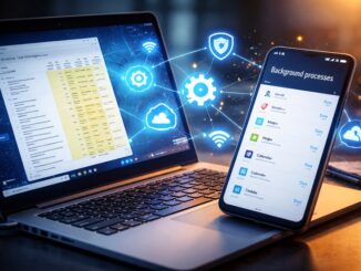 ukryte procesy w Windows i Androidzie widoczne na ekranie laptopa i smartfona podczas analizy systemu